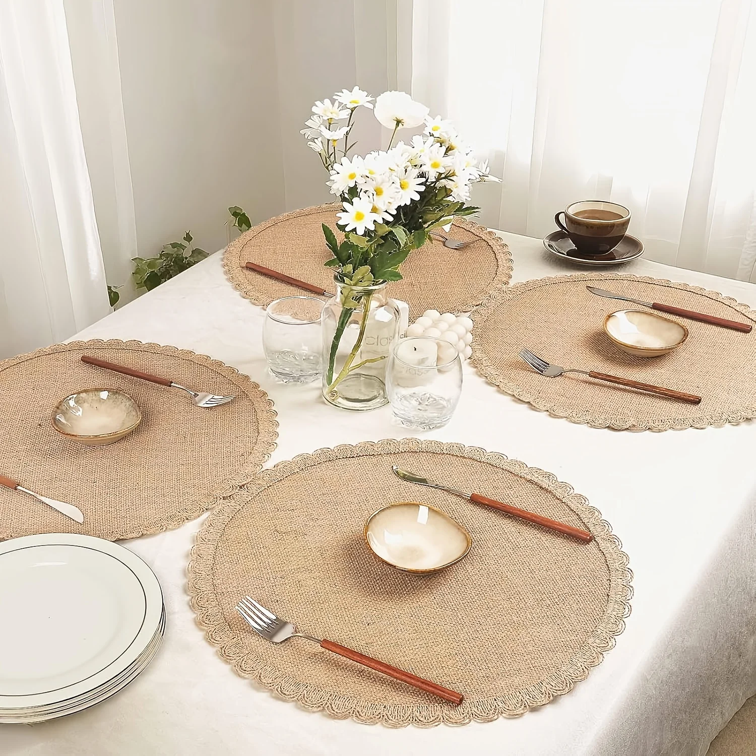 Set of 6/8 Bohemian Round Jute Placemats, Featuring Rustic Farmhouse Style with Lace Trim, Measuring 38.1 cm in Diameter, Luxu