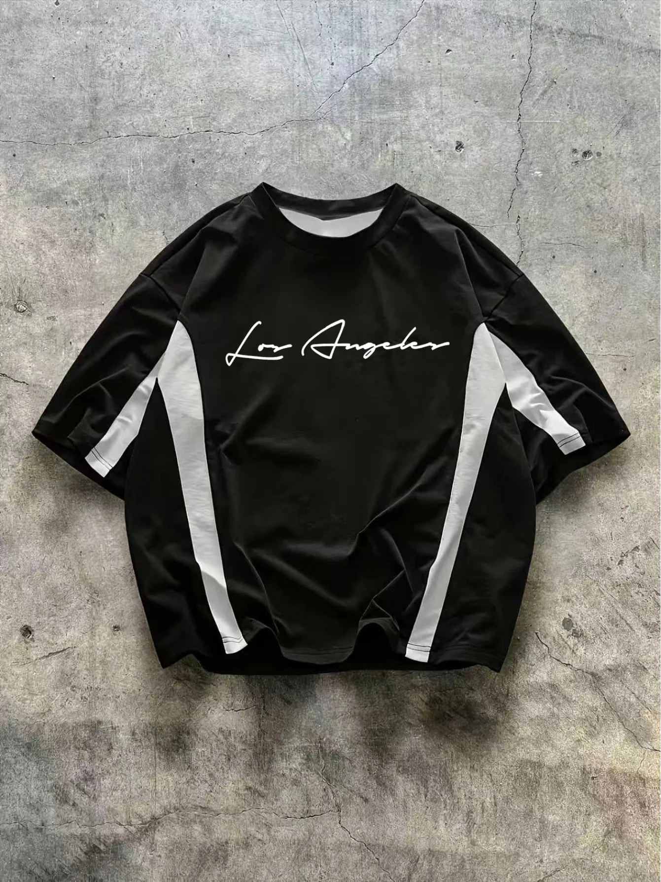American men's summer Los Angeles striped letter print micro elastic breathable round neck T-shirt outdoor street sports top
