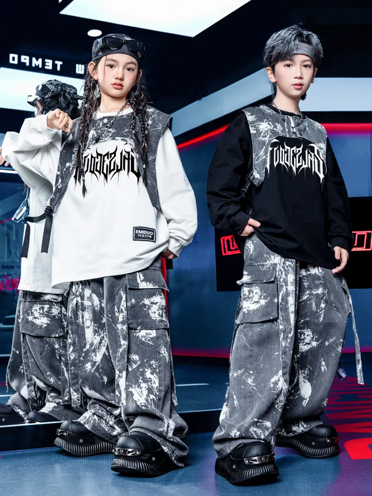 طفل ملابس رقص الجاز الهيب هوب المرحلة زي أسود علوي شافل السراويل الطفل في سن المراهقة شارع الرقص تظهر الأداء الزي VDL4651 #4