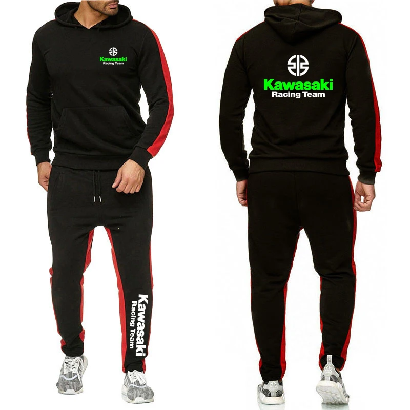 Spring Autumn Man Two-piece Set Solid Color Sets Kawasaki Motorcycle Racing Logo Print Cool Hoodies+Sports Pants Fashion Suits