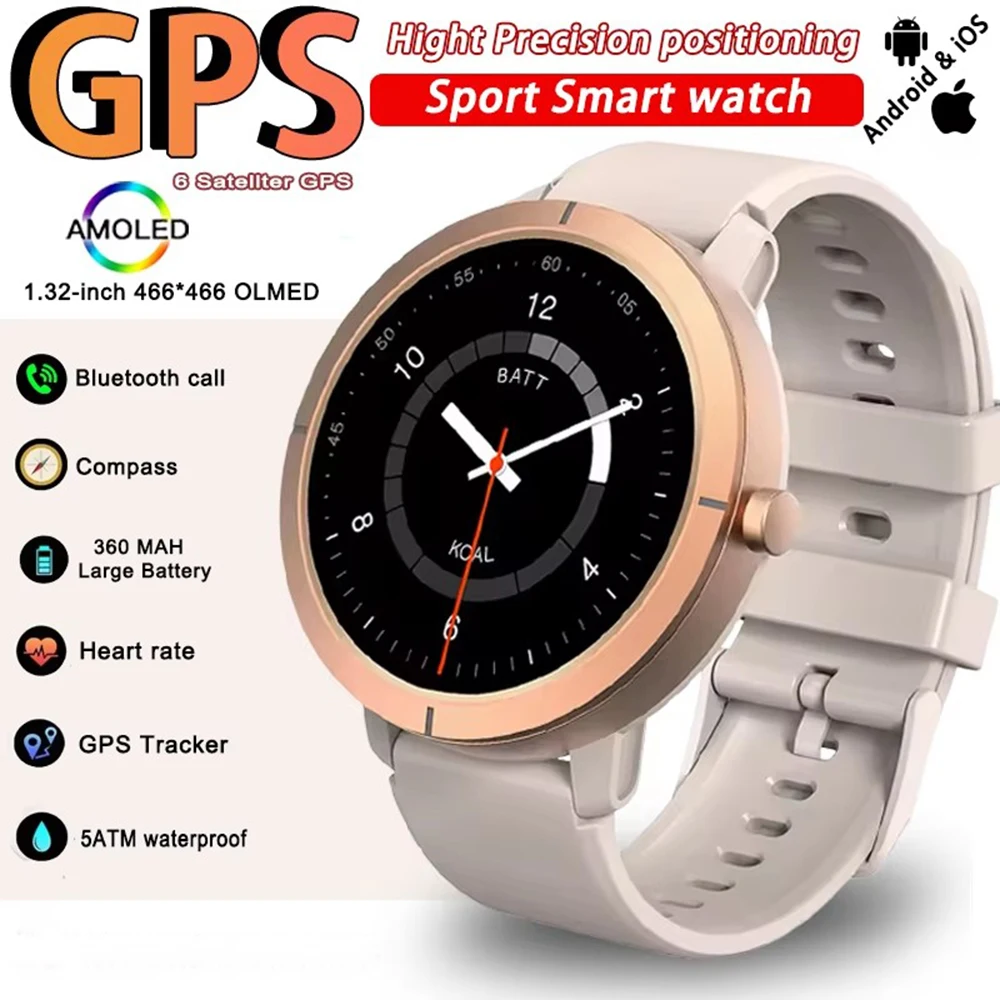 

Мужские умные часы с GPS, водонепроницаемый сенсорный экран 5 атм, компас, высотомер, барометрический, 1,32-дюймовый Amoled Bluetooth-браслет