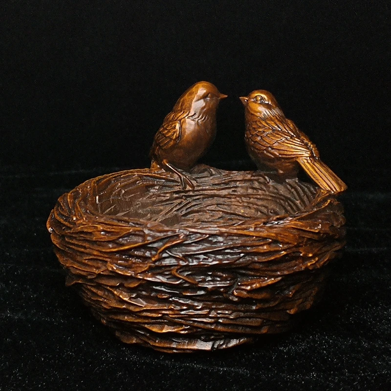 YIZHU CULTUER ART Size 3.2 Inch Chinese Boxwood Hand Carved Bird bird's nest Old Decoration Collection