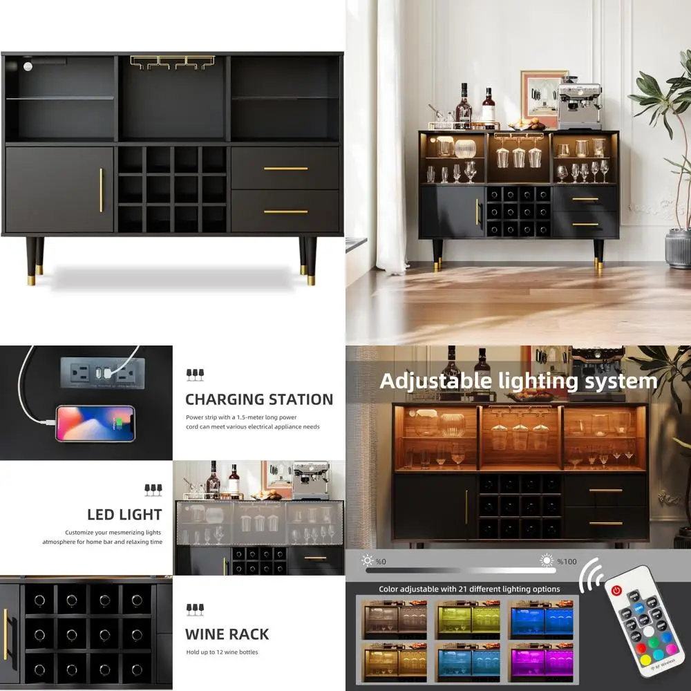

LED-Lit Charging Station Bar Cabinet & Coffee Table - 47.2 Black Storage Sideboard for Parties & Wine