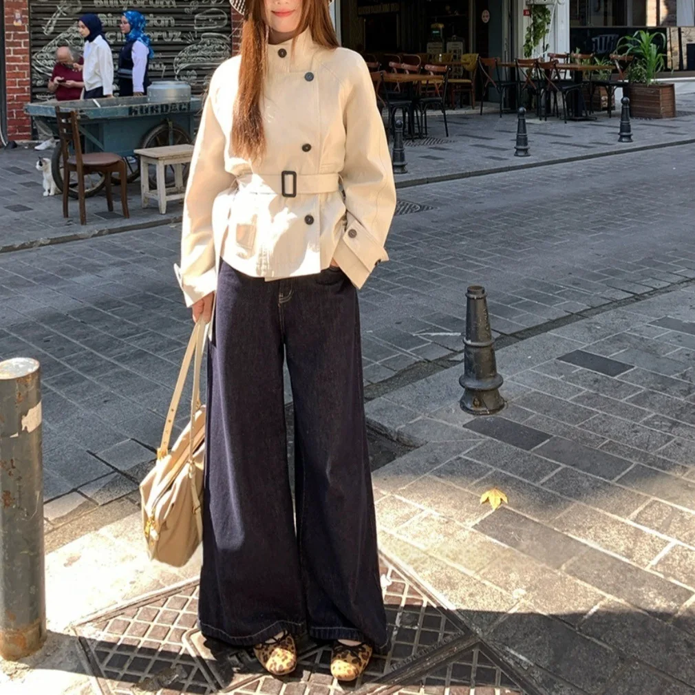 2025 Pre-Autumn Korean Trench Coat Jacket Women's Short British Style Standing Collar Waist