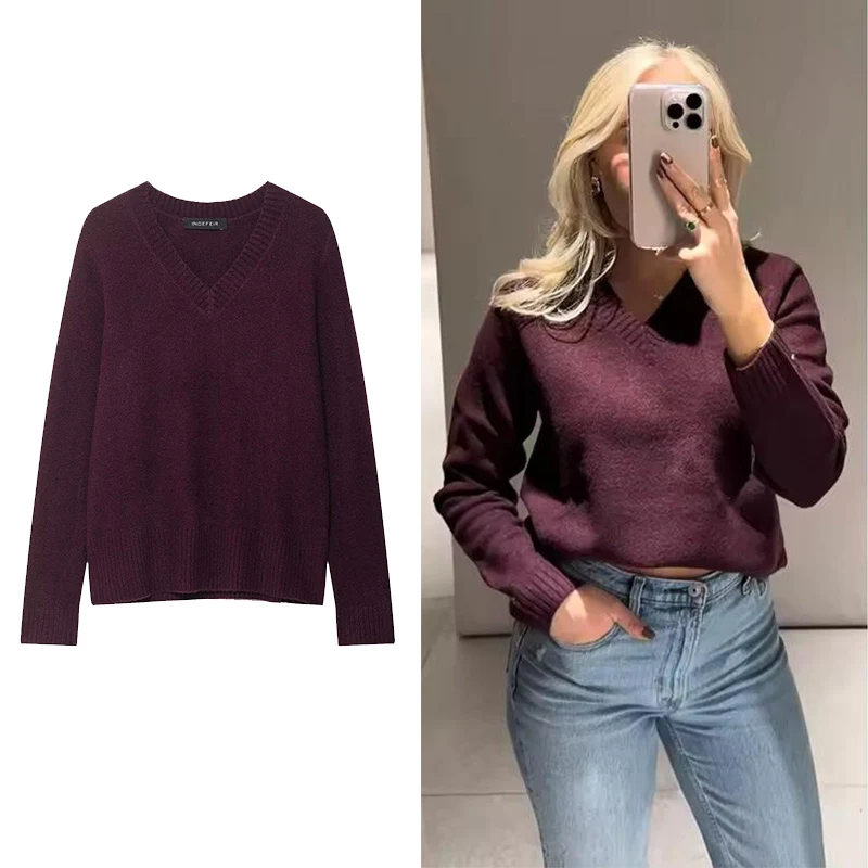 

2025 Autumn Winter Burgundy Women Fashion V Neck Knitted Sweaters Vintage Long Sleeve Female Pullovers Chic Knitwear Tops