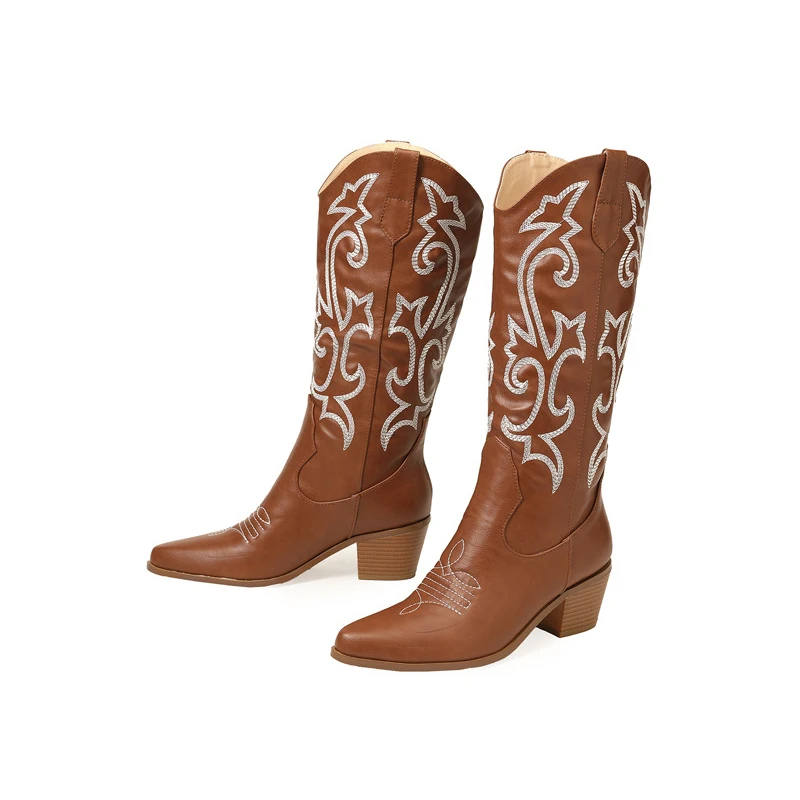 

Модная женская обувь до колена отличного качества разных цветов, размер 43, ботинки в стиле вестерн с вышивкой