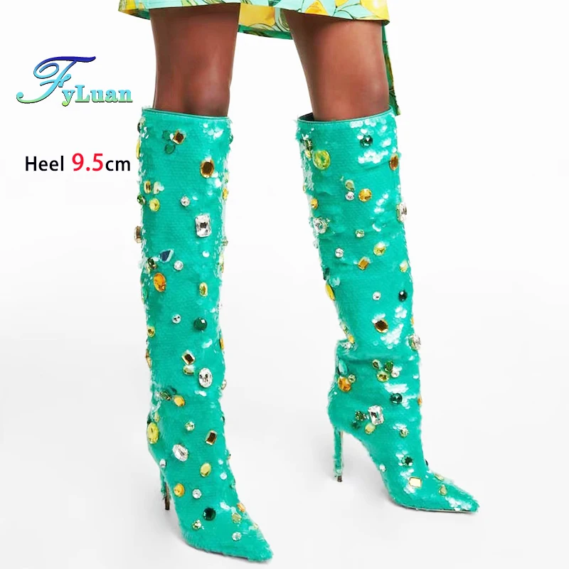 

Women Green Knee-high Boots Inlay Colored Rhinestone Europe and America Big Size Luxury Long Shoes Model Shoes 9.5CM High Heels