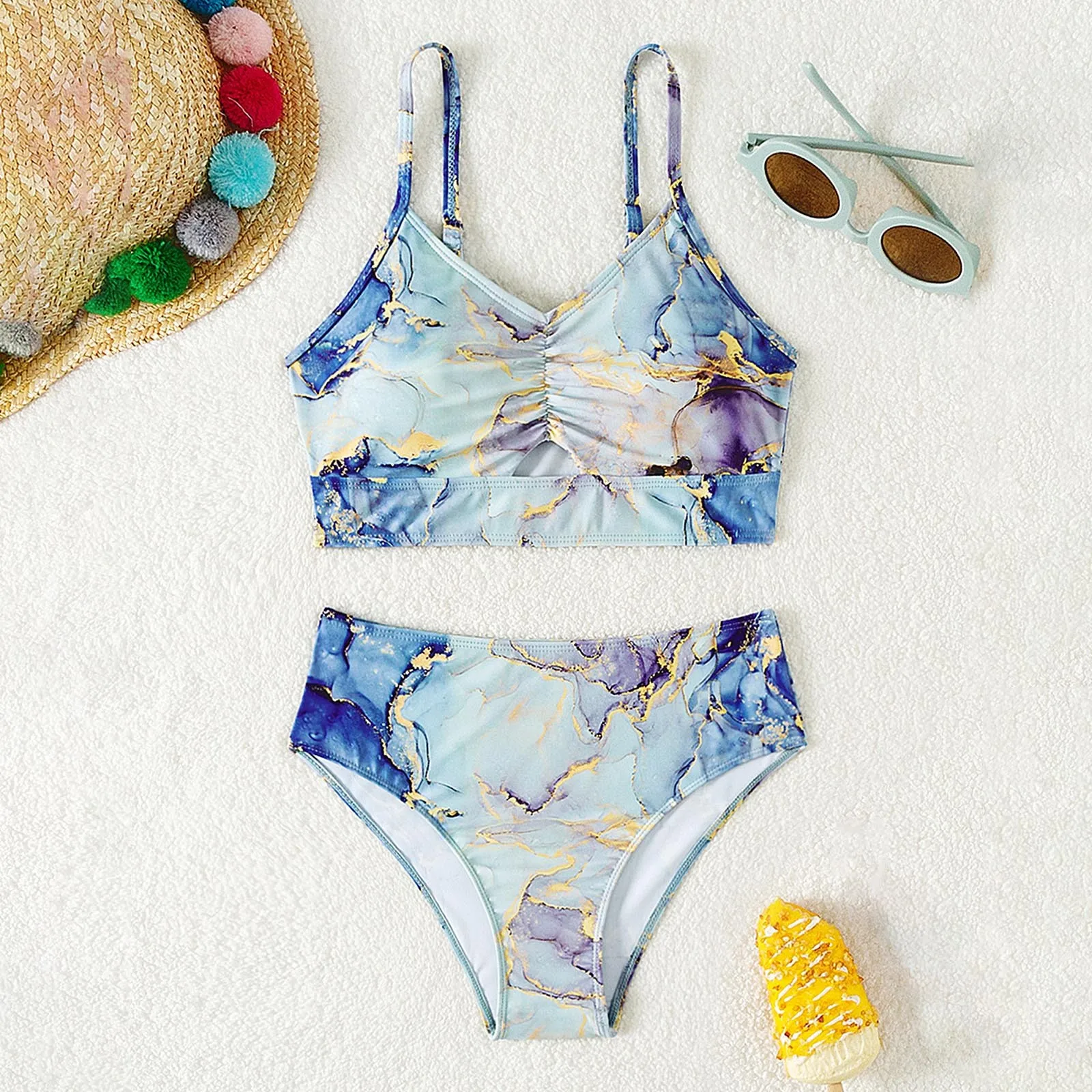 2025 New Print Sport Bandeau Push up Bikinis Sexy Marble Kids Girl Swimsuit High Waist Swimwear Children bathing suit Beach wear