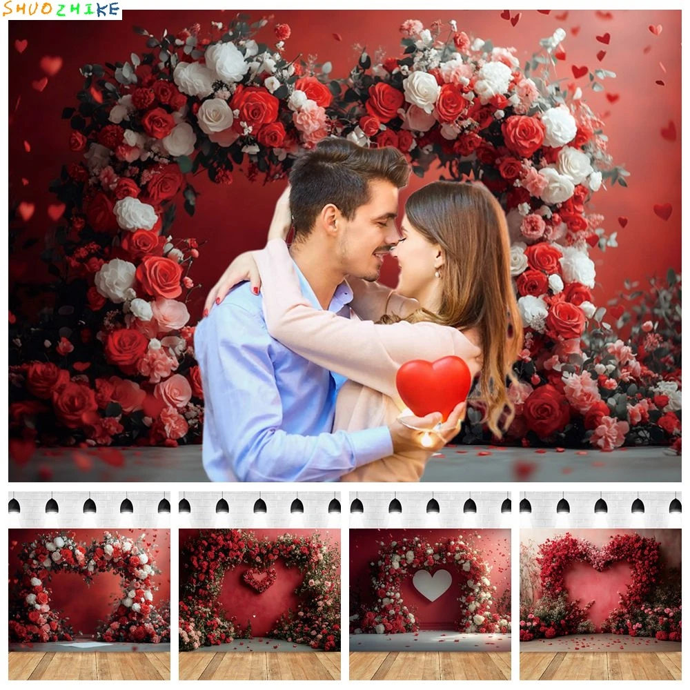 

Love Heart Rose Flowers Arch Backdrop February 14 Valentine's Day Couple Propose Wedding Portrait Photography Background Decor