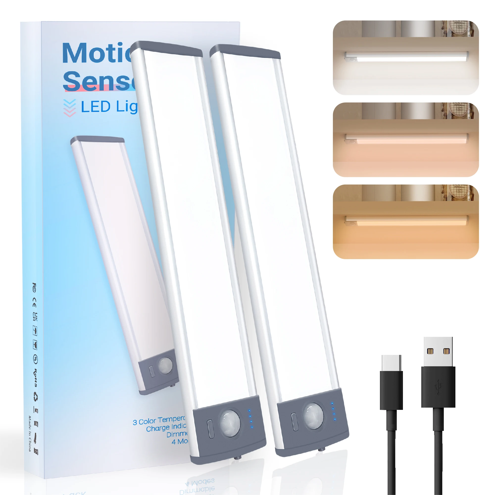 قطعتان، ضوء مستشعر حركة يعمل بالبطارية، ضوء USB قابل لإعادة الشحن، ضوء خزانة مغناطيسي، يعتم بثلاثة ألوان، مناسب للمدخل، المدخل، غرفة المعيشة، غرفة النوم #1
