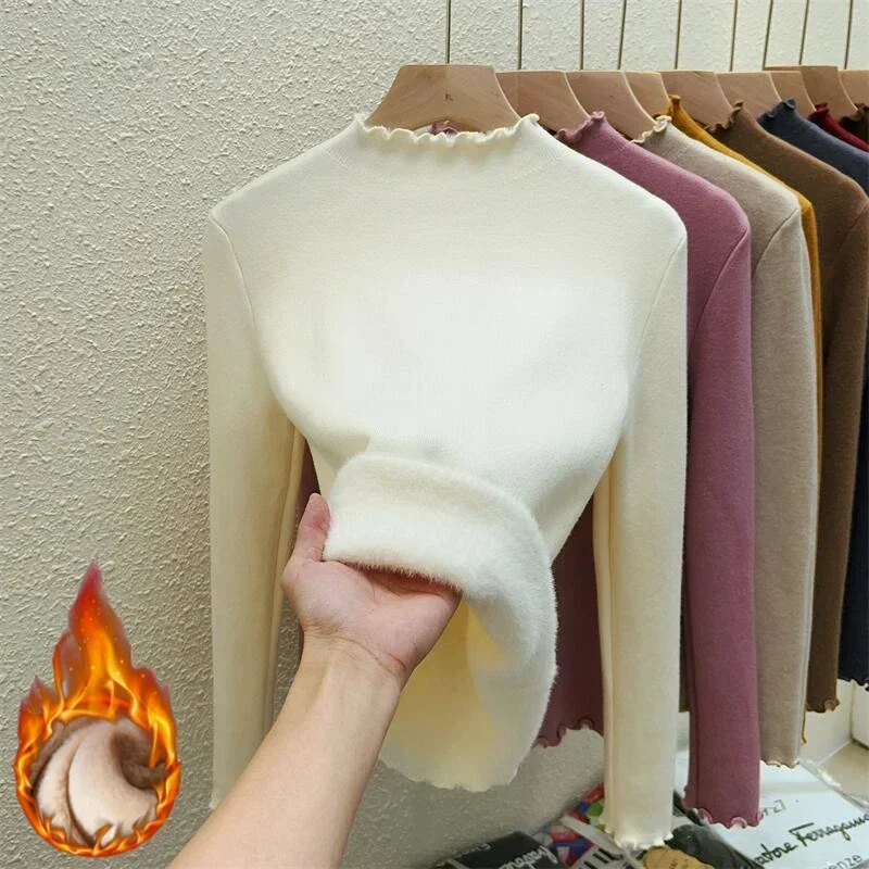 Geraffte Rollkragen Herbst Winter Pullover Frauen Elegante Dicke Samt Gefüttert Warme Sueter Gestrickte Pullover Tops Jersey Stricken Jumper