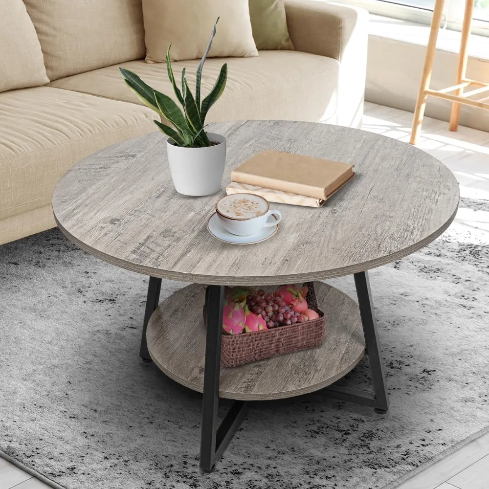 Round Coffee Table, Rustic 2-Tier Circle Coffee Table with Storage, Modern Wood Round Center Coffee Tables for Living Room, Home