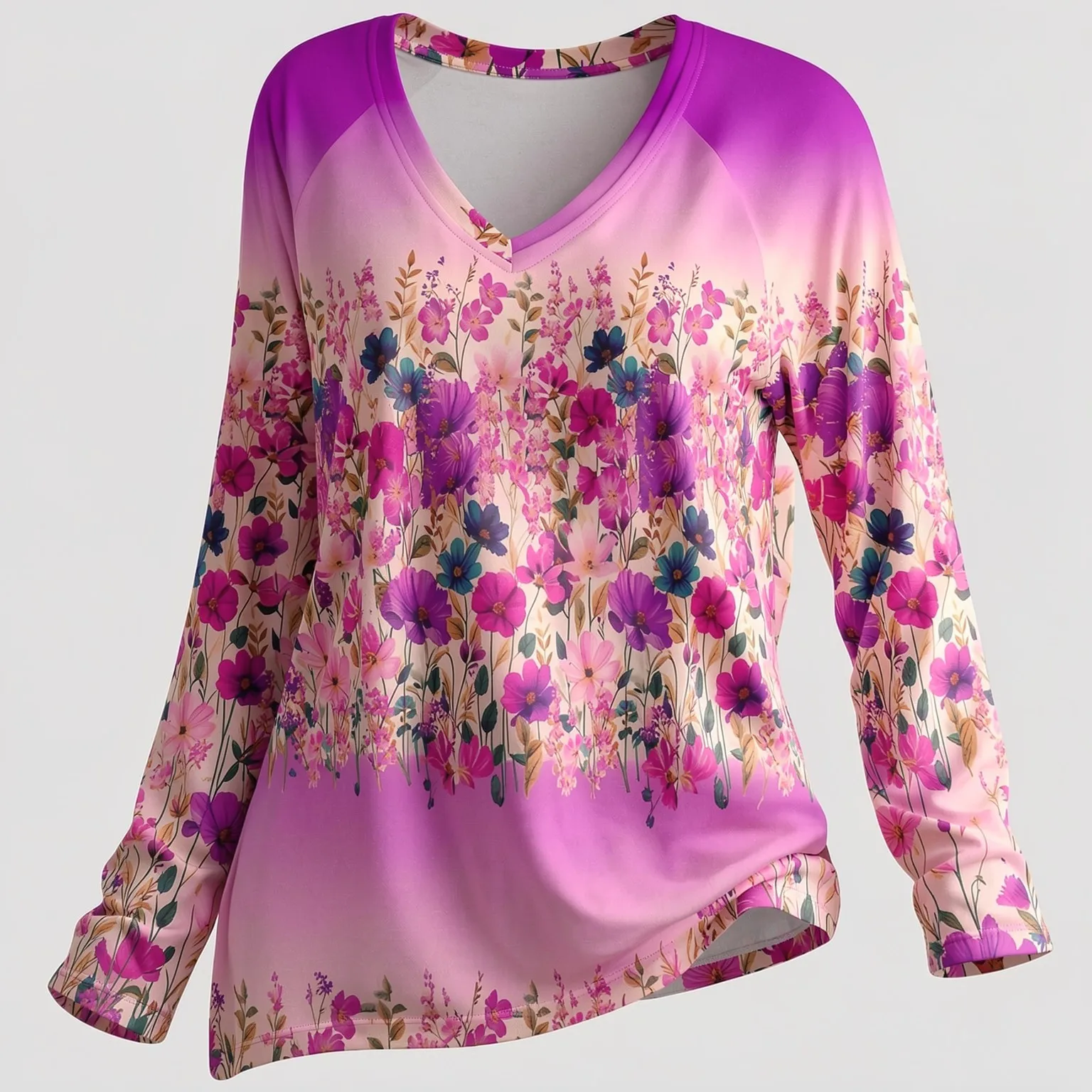 Women Pastel Floral V Neck Long Sleeve T Shirt Casual Loose Fit Graphic Print Tunic Top For Autumn Daily Streetwear Outfit
