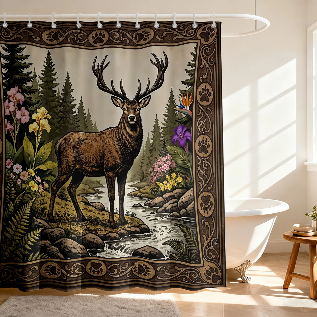 The waterproof shower curtain features a forest stream, deer,flower decorations, and comes with a hook.can be machine-washed