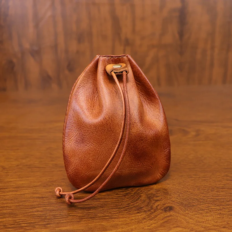 Authentic Cowhide Coin Purse Key Holder Dyed Color Portable Change Card Holder Dstring ex Small Leather Bag