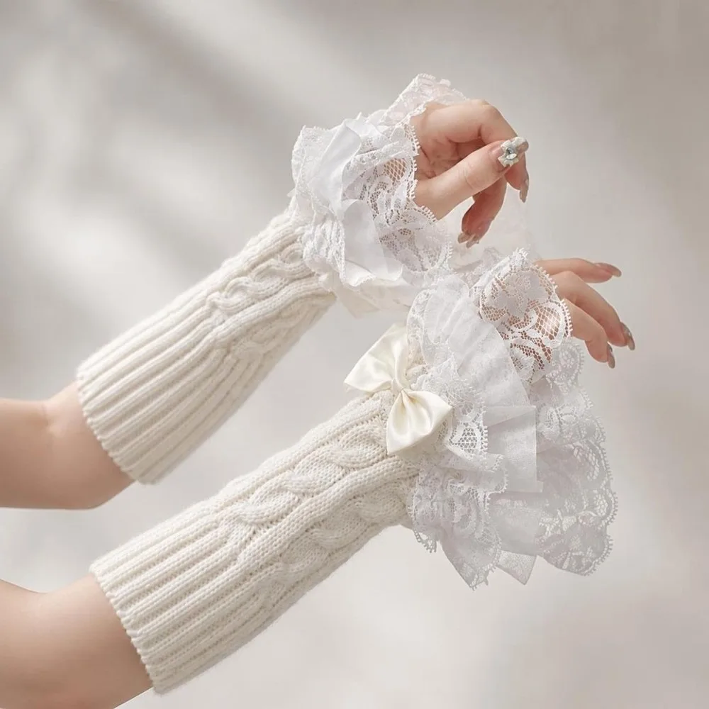 1 pair Lace Ruffle Hand Sleeves Mittens Detachable Knitted Arm Warmers Gloves Stretchy Fingerless Style Knitted Cuff Winter Wear view 5
