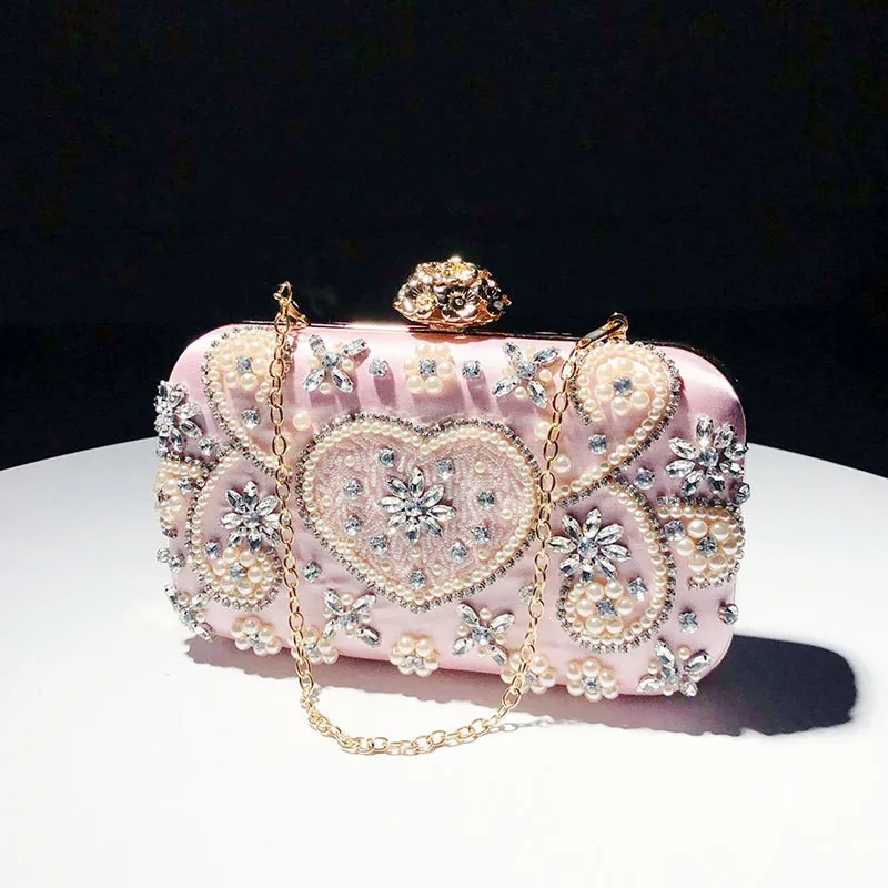 2025 Satin Vintage Women Party Evening Bags Metal Flower Luxury Diamonds Clutch Rhinestones Handbags Chain Shoulder Bag
