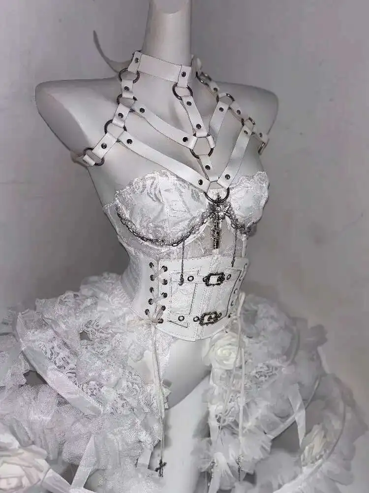 

Костюм Лолиты, цветок, кость, тяжелое ремесло, чистый белый готический темный корсет ручной работы на шнуровке на талии, корсет-бюстье с рыбьей косточкой, топ