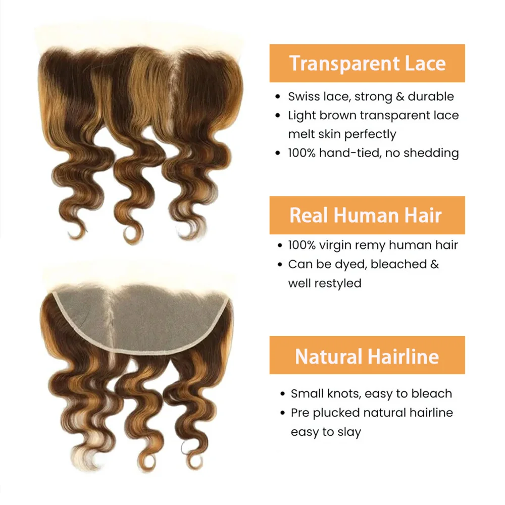 Gemarkeerd Body Wave P4/27 Menselijk Haar Bundels Met Sluiting Braziliaanse 100% Echt Menselijk Haar Frontale Extensie 13X4 Kant Voor Vrouw