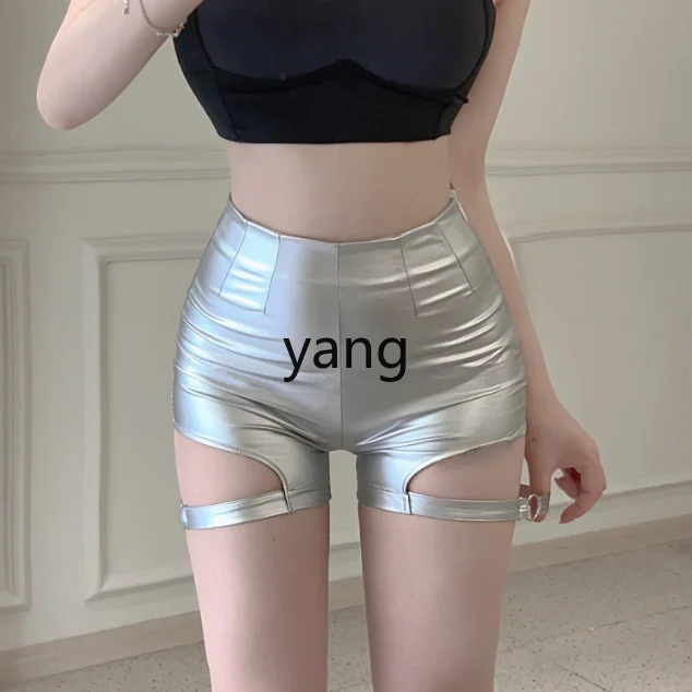 LMM iron ring hip-wrapped hot pants new hollow elastic leather pants shorts women