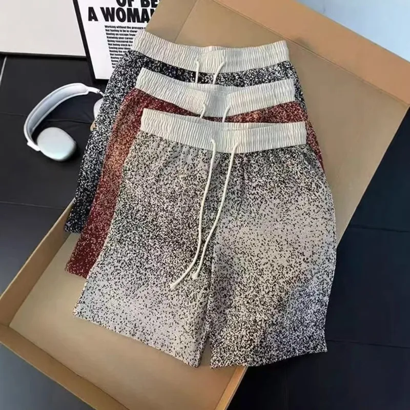 Men's Vintage Contrasting Colors Shorts Summer Loose Wide Leg Knee-medium Pants Knitting Middle Waist Casual Beach Shorts