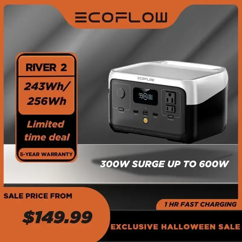 EcoFlow Portable Power Station RIVER 2, 243Wh / 256Wh LiFePO4 Battery/ 1 Hour Fast Charging, 2 Up to 600W AC Outlets