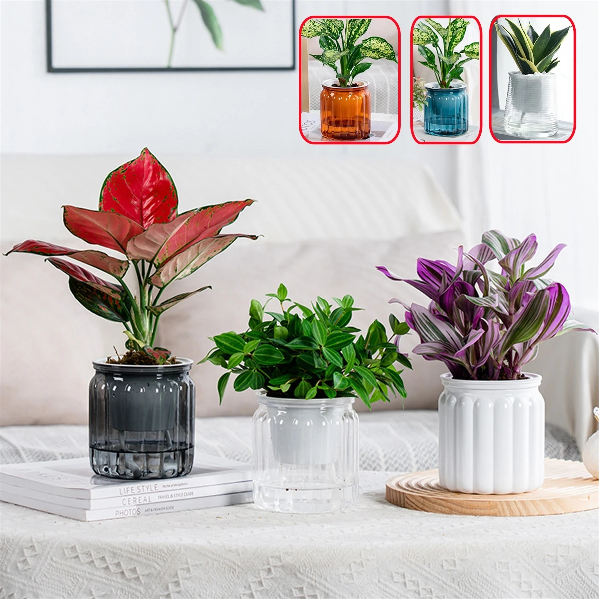 2Pcs Double Layer Water-Absorbing Flower Pot Household Garden Green Plant Plastic Self-Watering Lazy Pot Roman Column Appearance