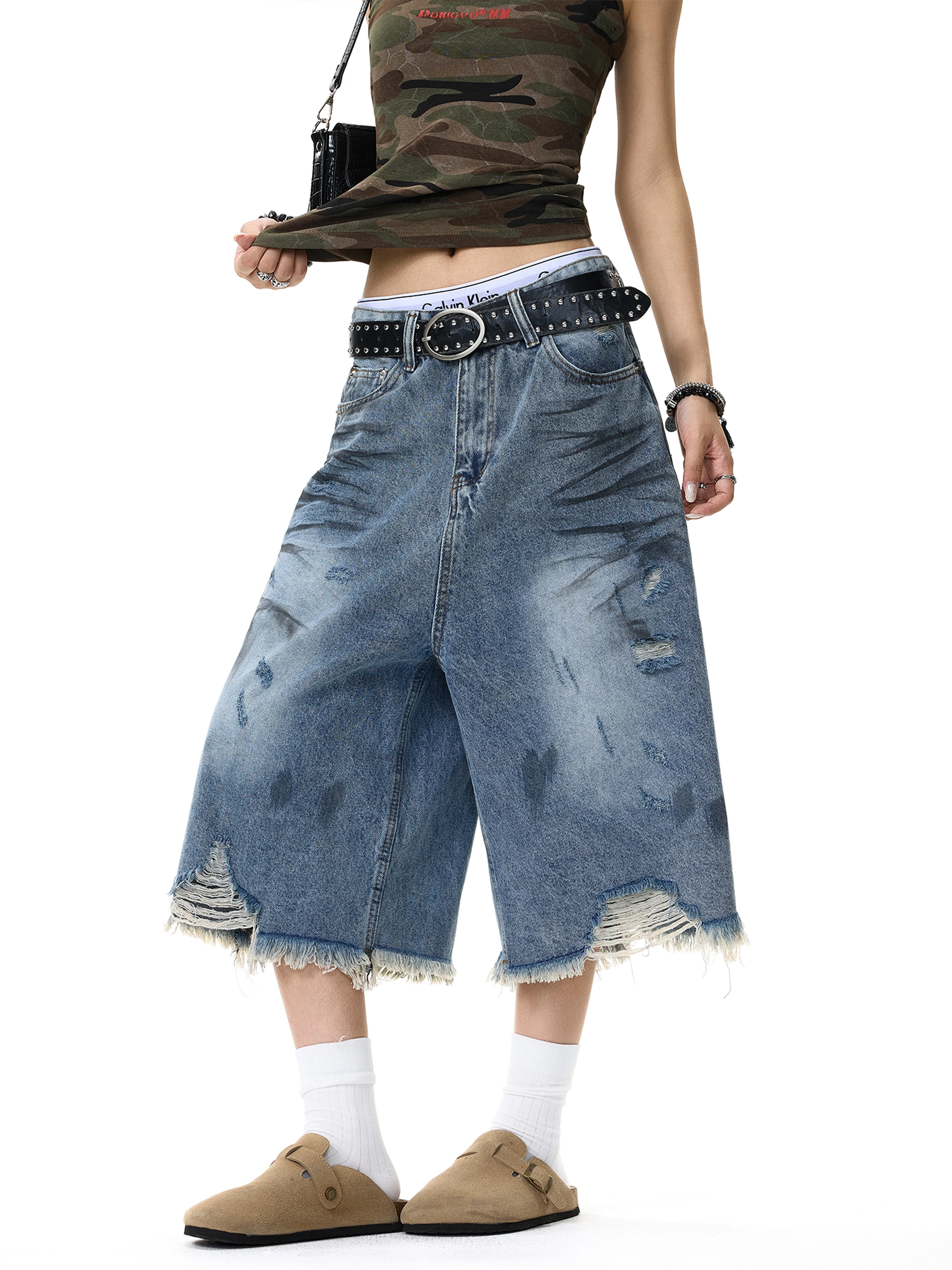 

American Style Vintage Faded Wide Leg Denim Jeans Men's Loose Casual Design 7/8 Length Shorts Spring Season Cotton Blend