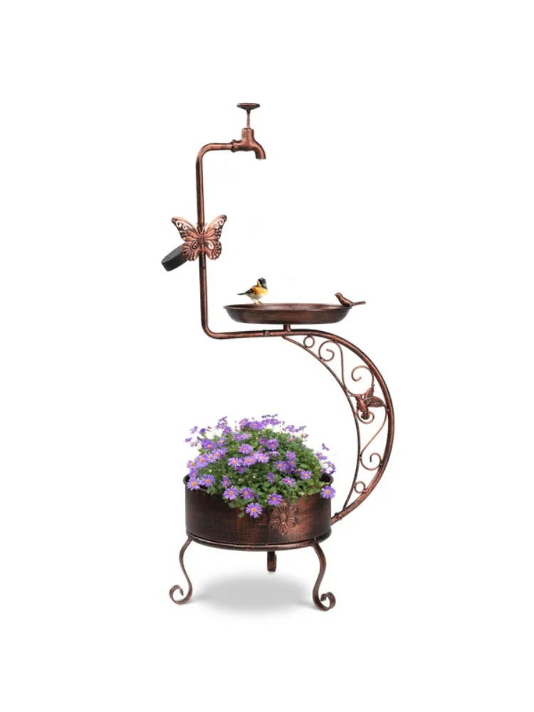 Outdoor Bird Bath, Vintage Metal Garden Bird Bath with Solar Light and Planter Base, Stand Up Bird Feeder