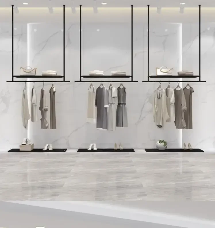 

Simple clothing store ceiling hanging hanger upper wall clothing display rack men's wear rings women's shelves