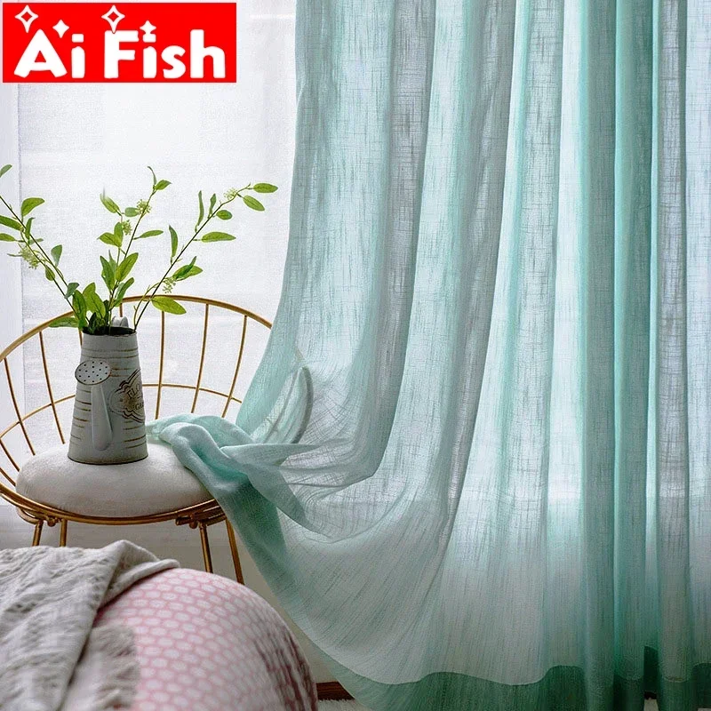 Modern Mint Green Hemp Slub Sheer Window Screen Tulle For Living Room White Kitchen Tulle Dedicated Yarn Curtains Panel #40