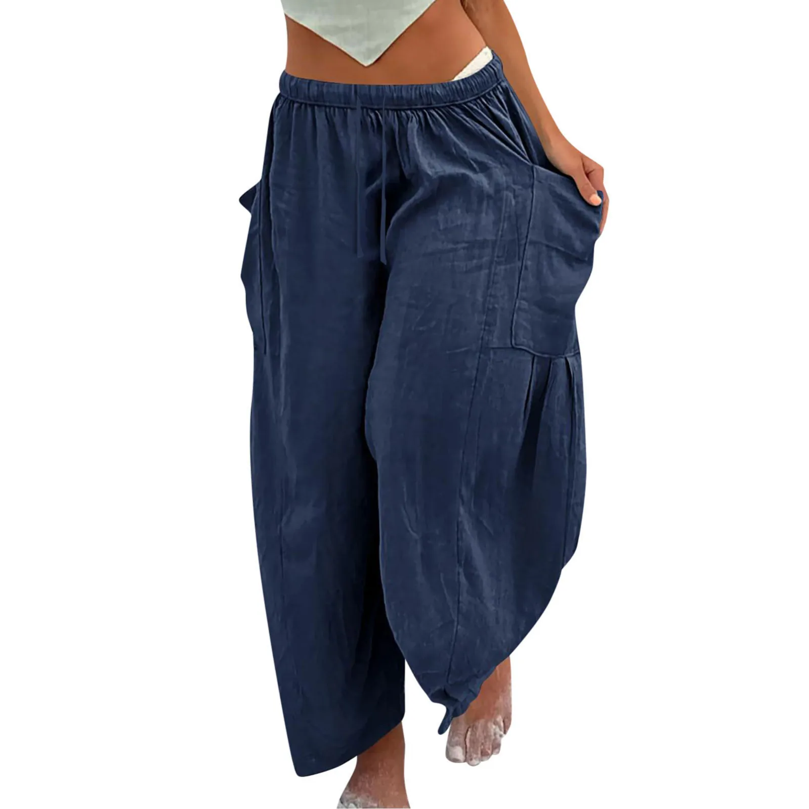 Plus Size Pants Women Comfortable Wide Leg Linen Trousers Middle Waist Summer Baggy Pants Fashion Ladies Street Pant