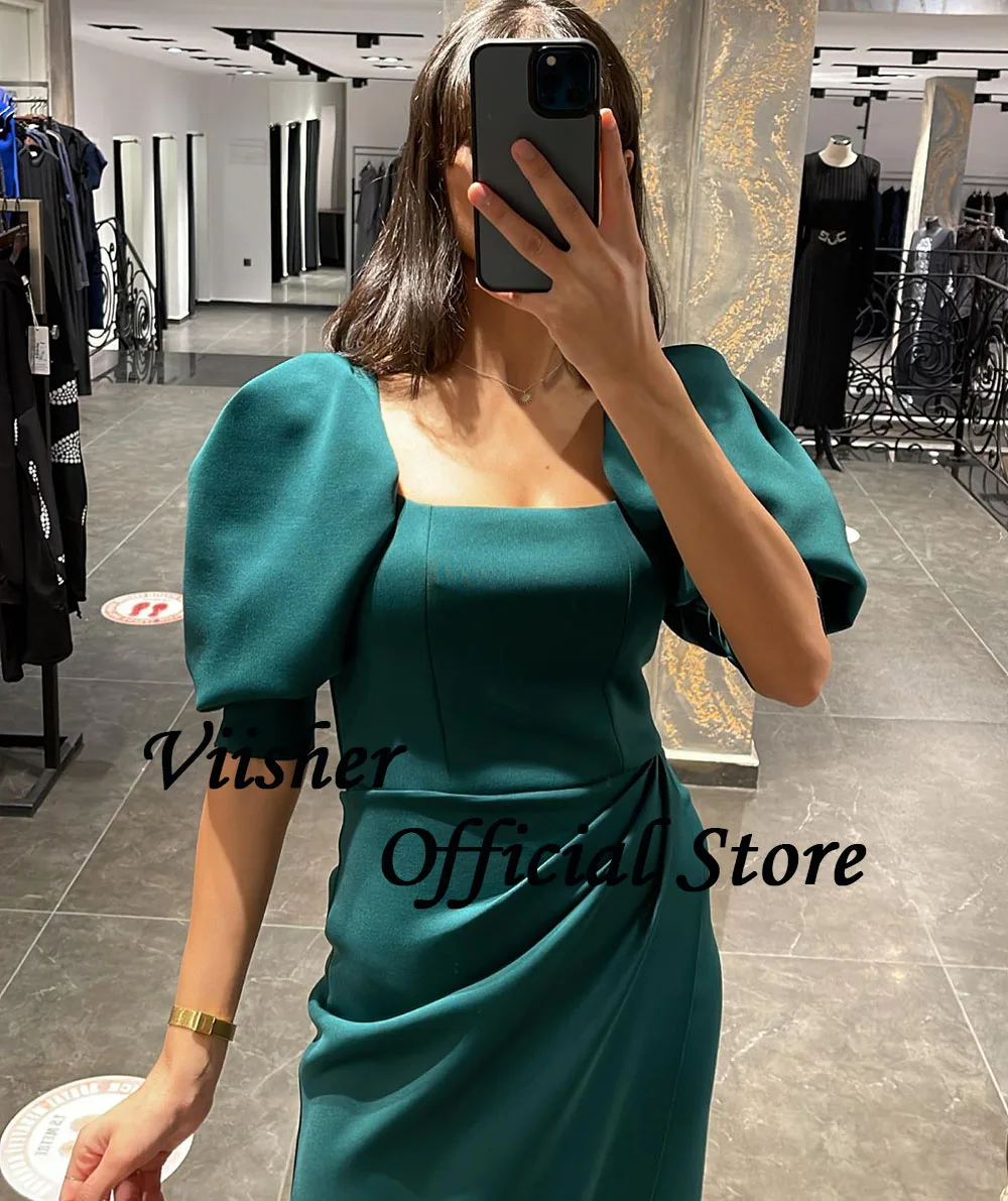 Viisher Black Satin Mermaid Evening Dresses Short Sleeve Square Neck Prom Party Dress with Slit Long Formal Evening Gowns