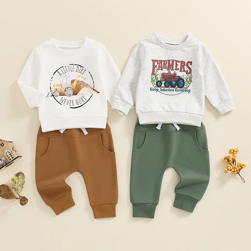 

Toddler Baby Boy Farm Clothes Fall Outfits Tractor Print Long Sleeve Sweatshirt Tops and Pants 2 Piece Clothing Set