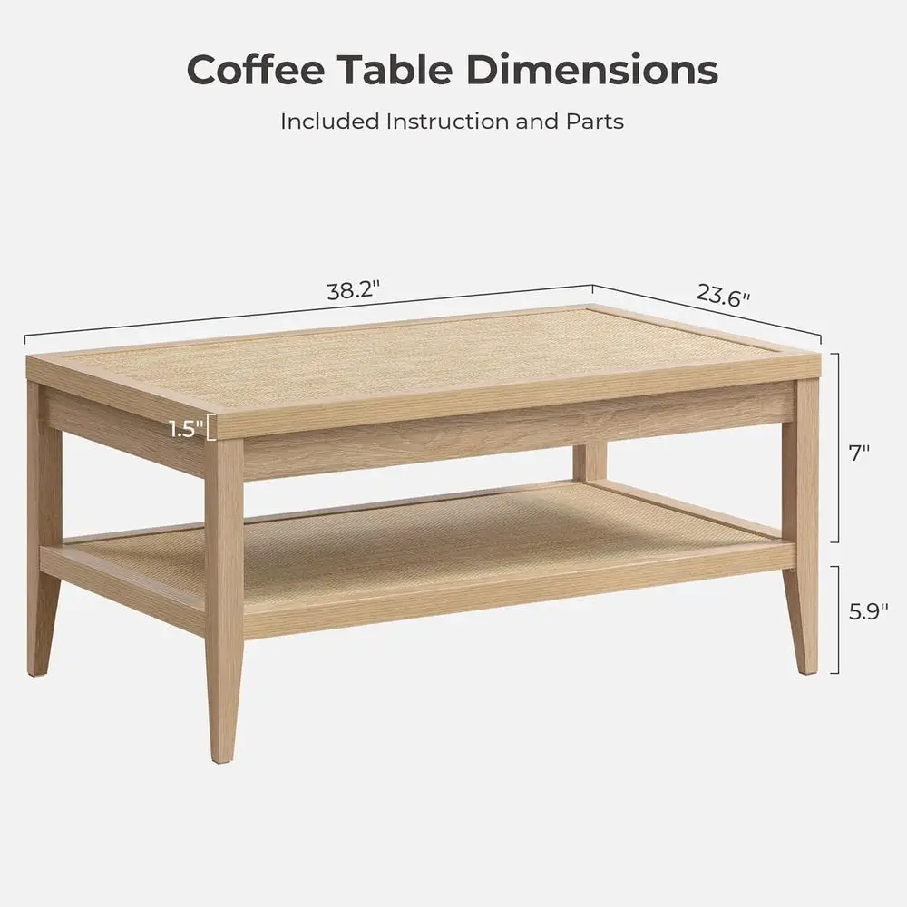 Mesa de jantar retangular Boho com prateleira de armazenamento de vime de 2 camadas, mesa com detalhes em carvalho claro para sala de estar e escritório doméstico