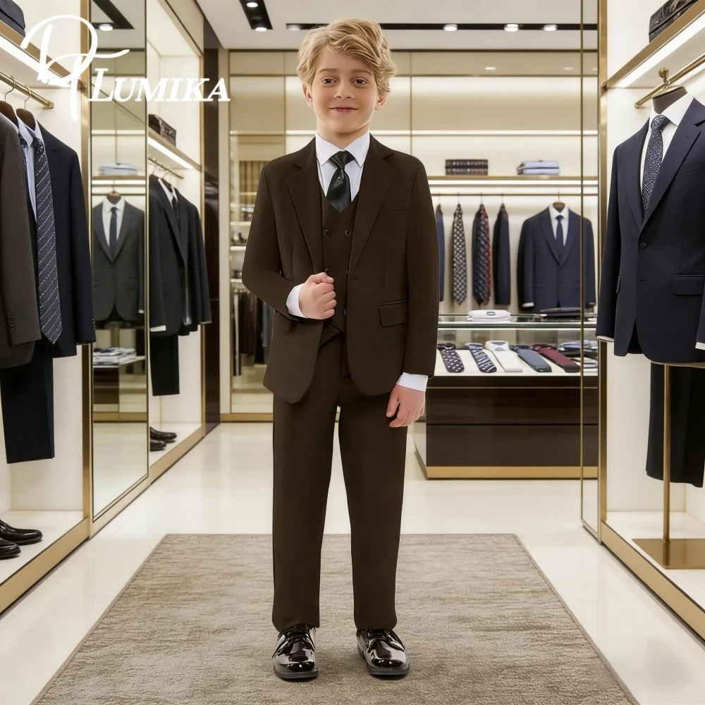 Fast Ship New Year Celebration Rich Brown Boys Suit Classic Sophisticated Boys Suit Kids Tuxedo Set Blazer Vest And Pants