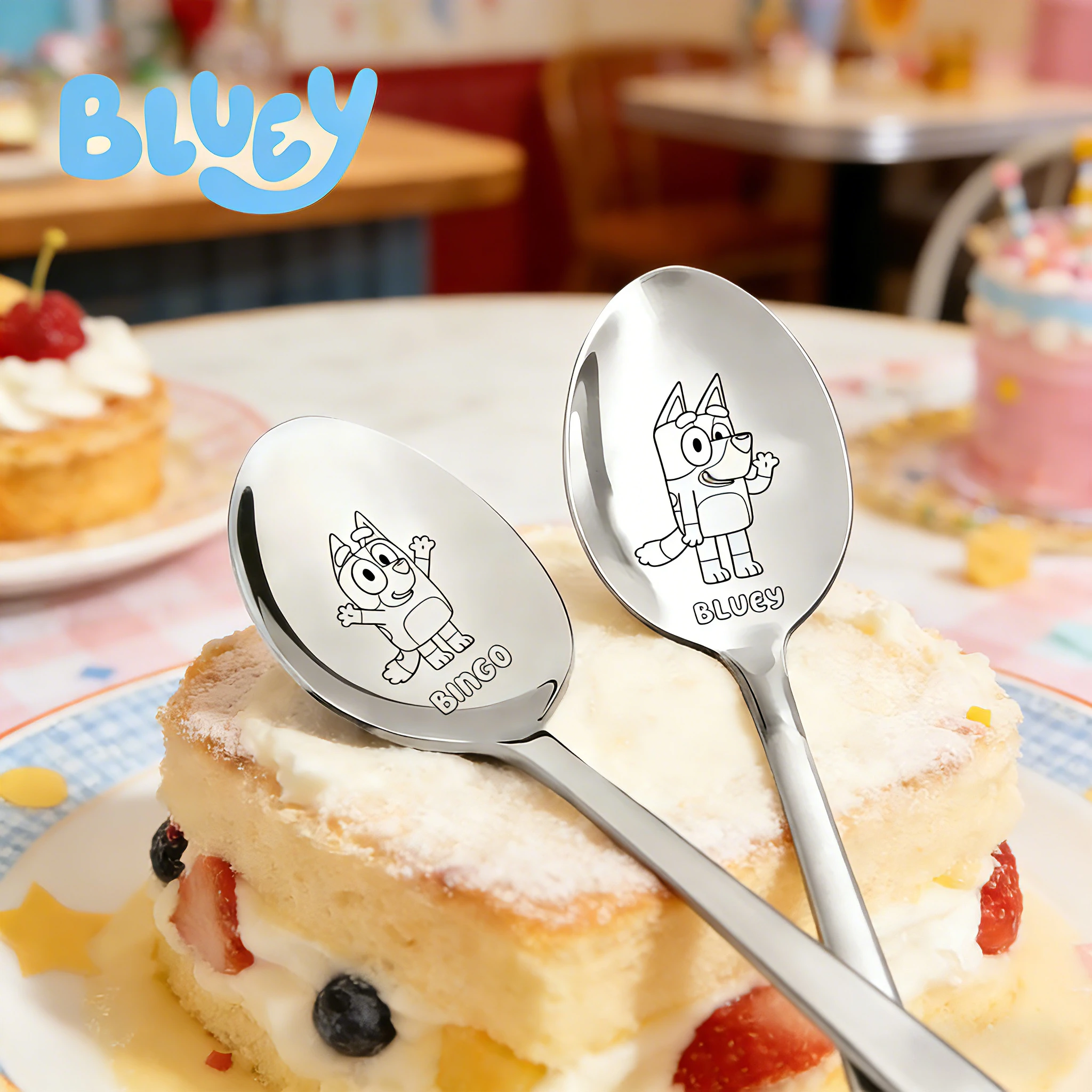 Nowy zestaw sztućców Bluey, motyw kreskówkowy, pies Bingo, sztućce ze stali nierdzewnej, łyżka i widelec, zestaw rodzinny do jedzenia, prezent urodzinowy