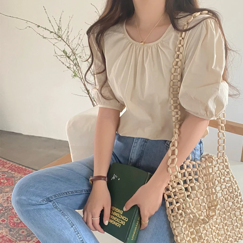 

Корейская женская футболка свободного кроя с круглым вырезом, однотонная, из смесового хлопка, для повседневной носки, летняя новинка