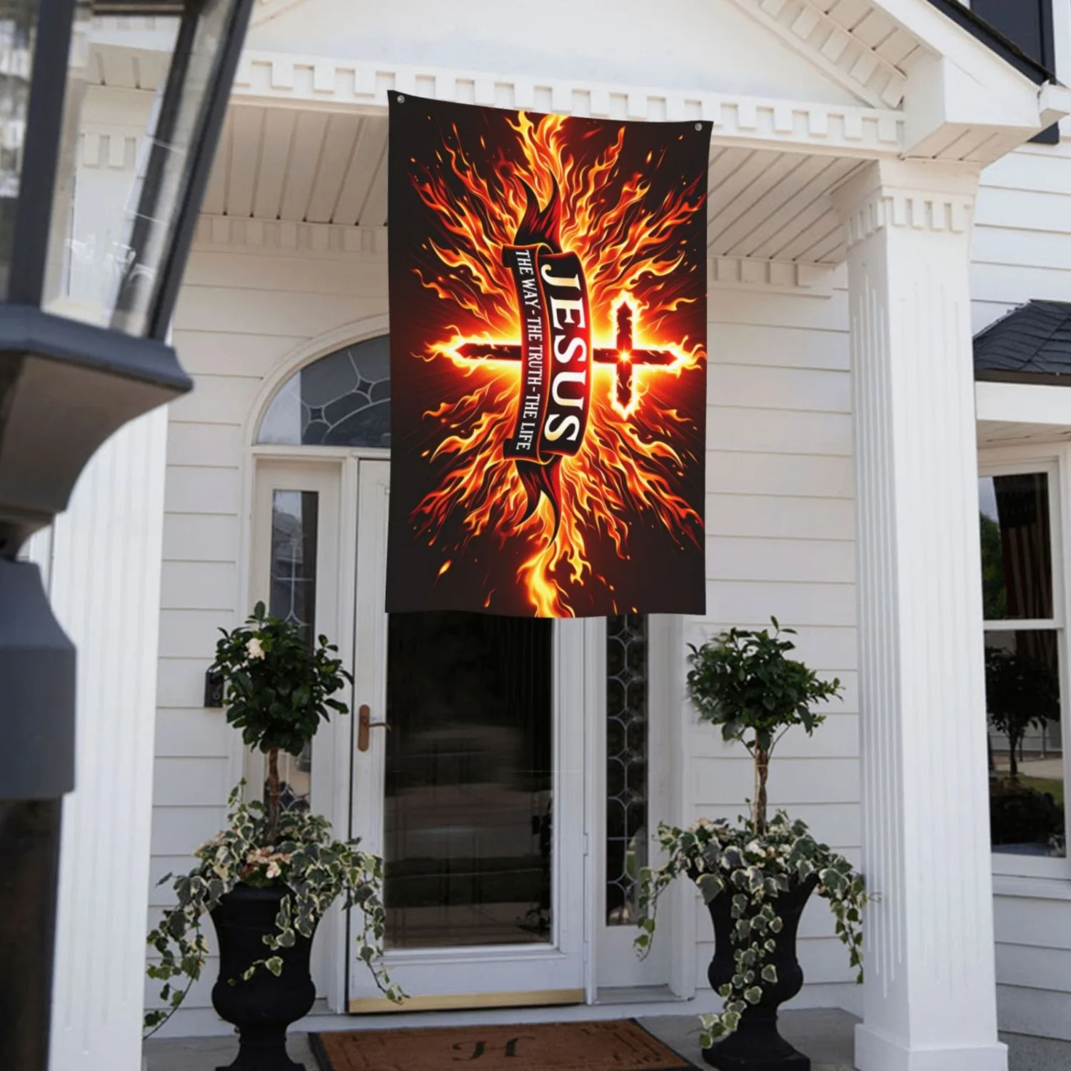 Jesus The Way The Truth The Life Fire Cross Flag Christian Outdoor Yard Decor Banner