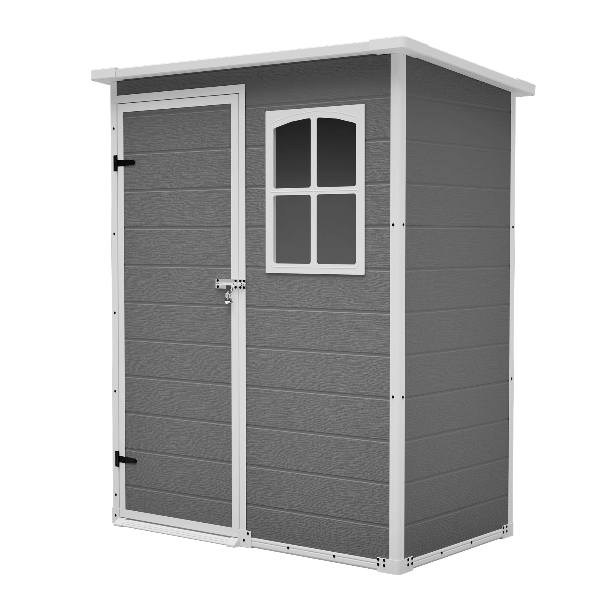 5 FT x 3 FT Gray Resin Storage Shed with Floor Base, Double-Layer Resin Wood Grain, Pitched Roof, Lockable Door & Window, Waterproof UV-Proof, Backyard Patio Lawn Tool Storage