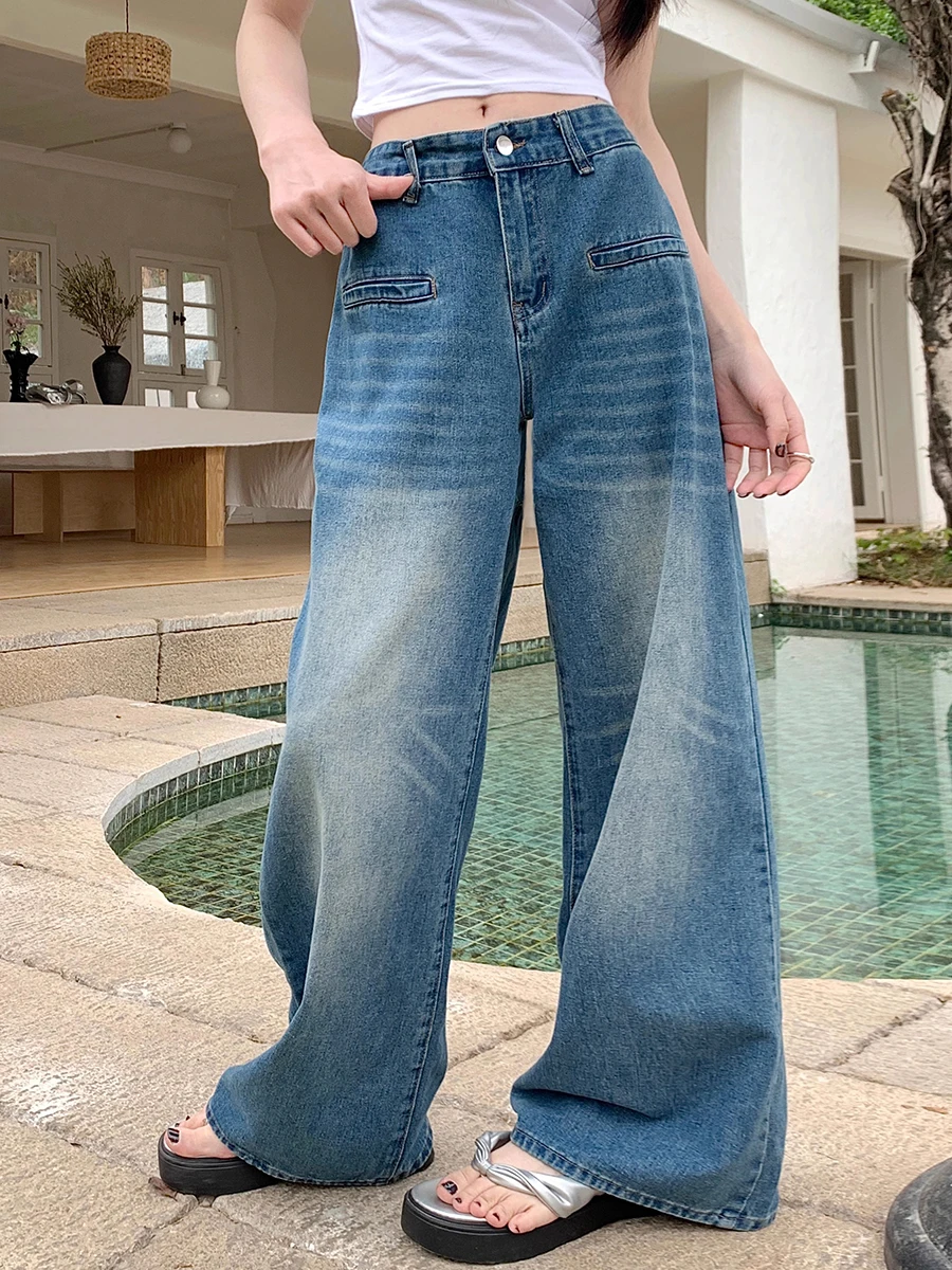 ReddaChic Vintage Blue Brushed Baggy Jeans Women Solid Casual Distressed High Waist Wide Leg Casual Pants Korean Y2k Trousers