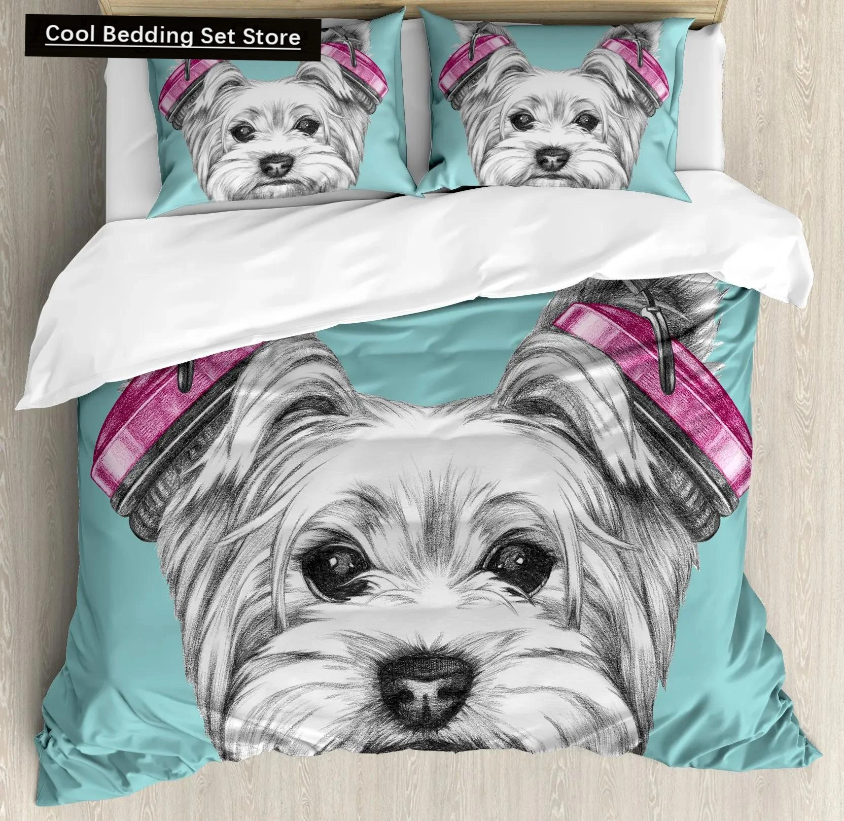 

Yorkie Duvet Cover Set Dog with Headphones Music 3pcs Bedding Set for Kids Girls Boys King Size Puppy Theme Soft Comforter Cover