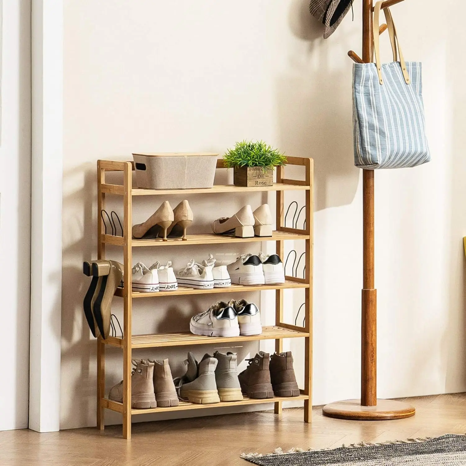 Bamboo Shoe Rack,5 Tier Wooden Shoe Shelf Storage Organizer,Perfect for Entryway,Hallway,Closet or Living Room (Natural Bamboo)