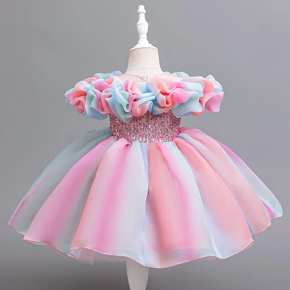 Rainbow Color Girl Princess Dress Sequined Belt Birthday Party Carnival Costume For Baby Kids 1-6 Years