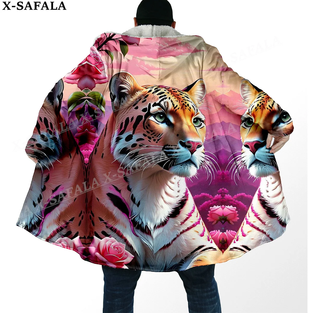 Mythology Tiger The King Spirit Thick Warm Hooded Cloak Men Overcoat Coat Windproof Fleece Cape Robe Hooded Blanket-7