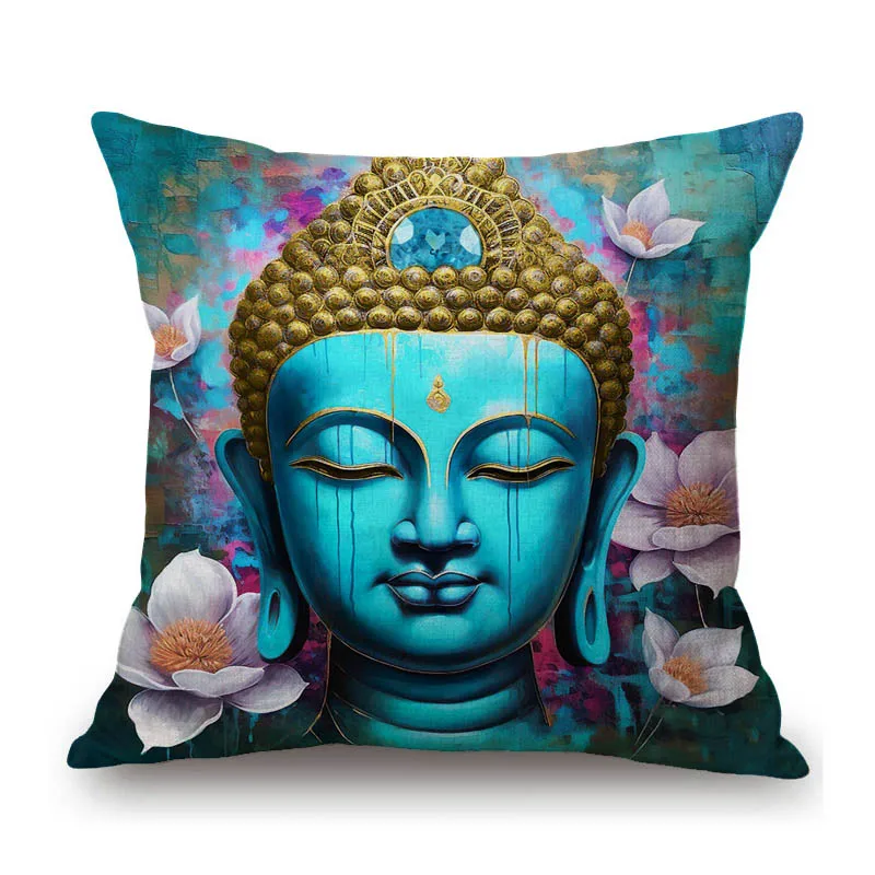 Buddha Sakymuni Bodhisattva Sculpture Sacred Lotus Flower Buddha Worship Decoration Art Throw Pillow Case Linen Cushion Cover