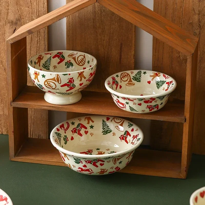 Christmas Ceramic Tableware Retro Bowls Plates Water Cup Breakfast Dessert Noodle Bowls Coffee Milk Cup Microwaveable Xmas Gift