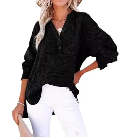 

Spring Autumn Women's Clothing High Quality Women's Blouse Casual Loose Top For Woman Cotton Wrinkle Button Long Sleeve Shirt