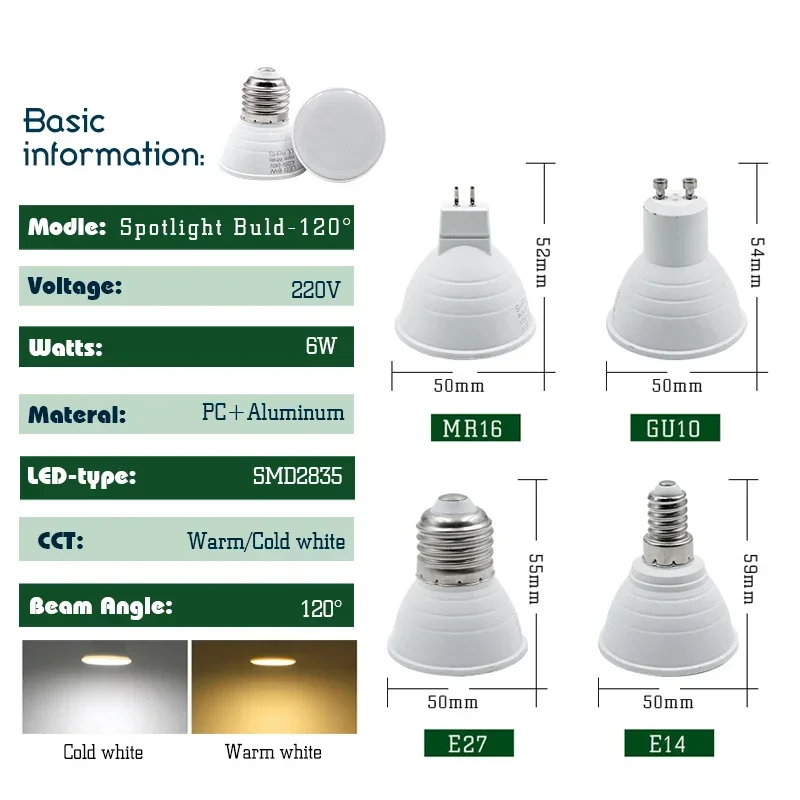 10Pcs LED Light Bulb AC 220V E27 E14 MR16 GU10 6W Lampara Led Spotlight GU5.3 Lamp Ampul Bombillas Indoor Home Lighting