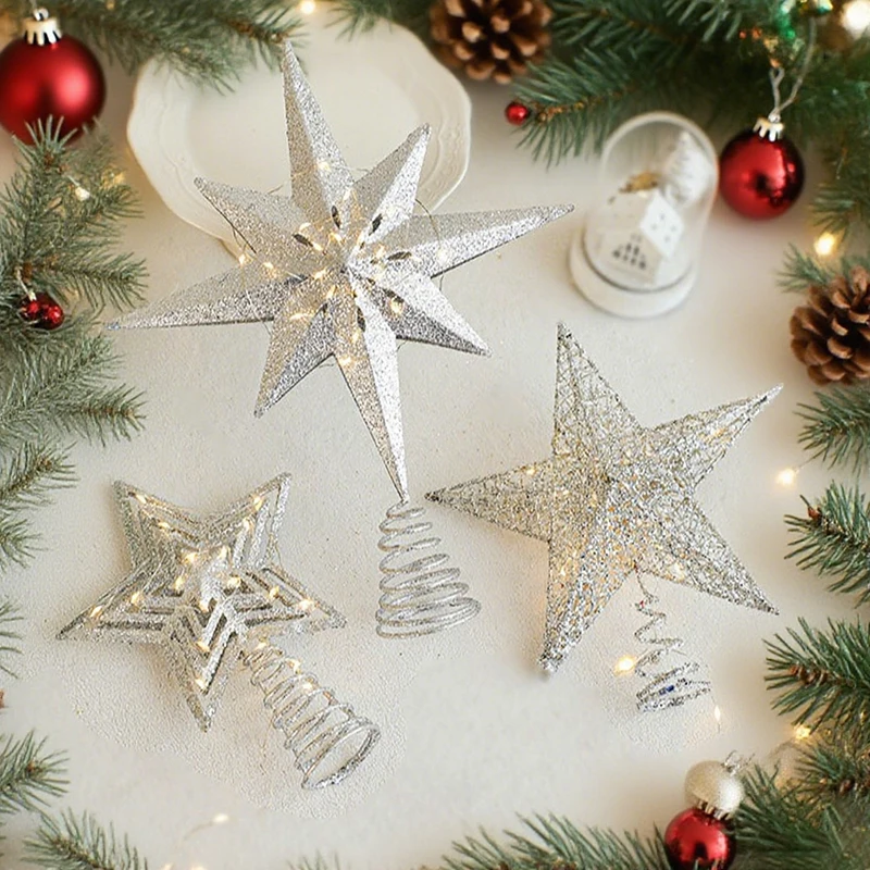 

Christmas Tree Topper Star Glitter Gold Silver Five-Pointed with Lights Pre-lit 10-20cm Home Decoration for Xmas New Year 2025